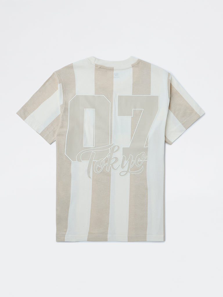 Boys Beige Striped Pattern Cotton T-Shirt