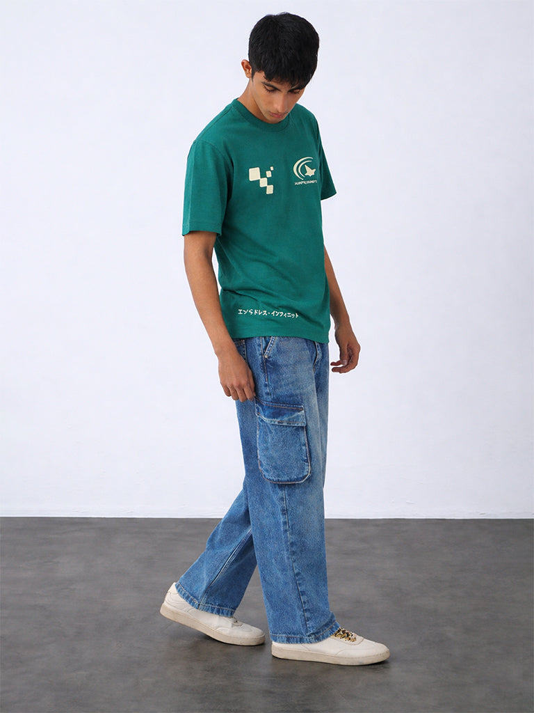 Boys Green Graphic Printed Cotton T-Shirt