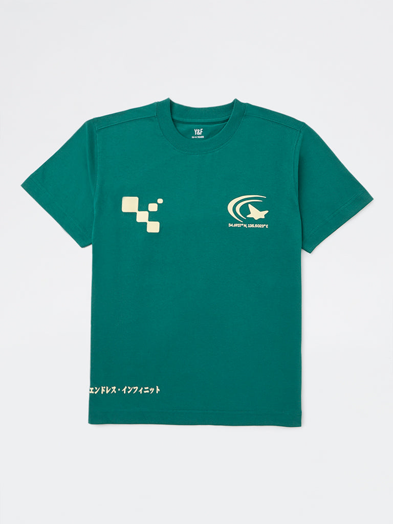 Boys Green Graphic Printed Cotton T-Shirt