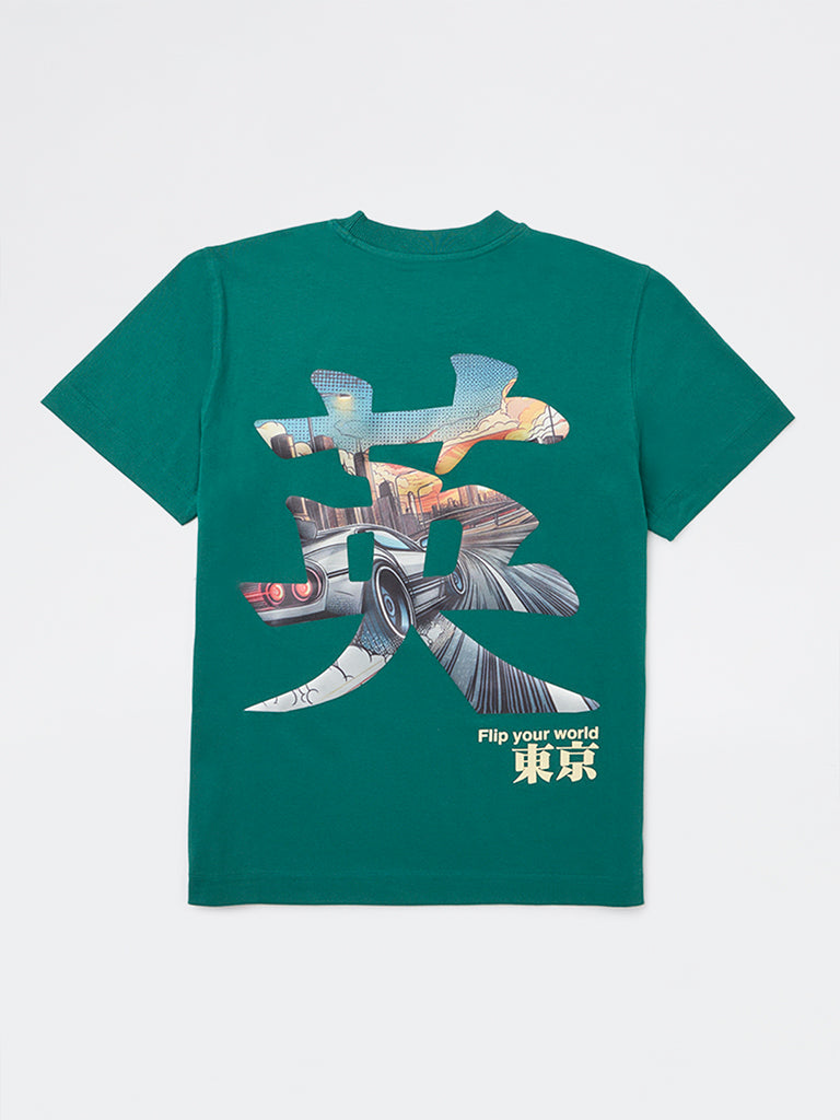 Boys Green Graphic Printed Cotton T-Shirt