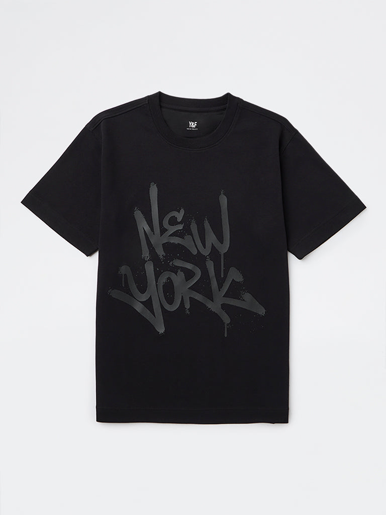 Boys Black Printed Cotton-Blend T-Shirt