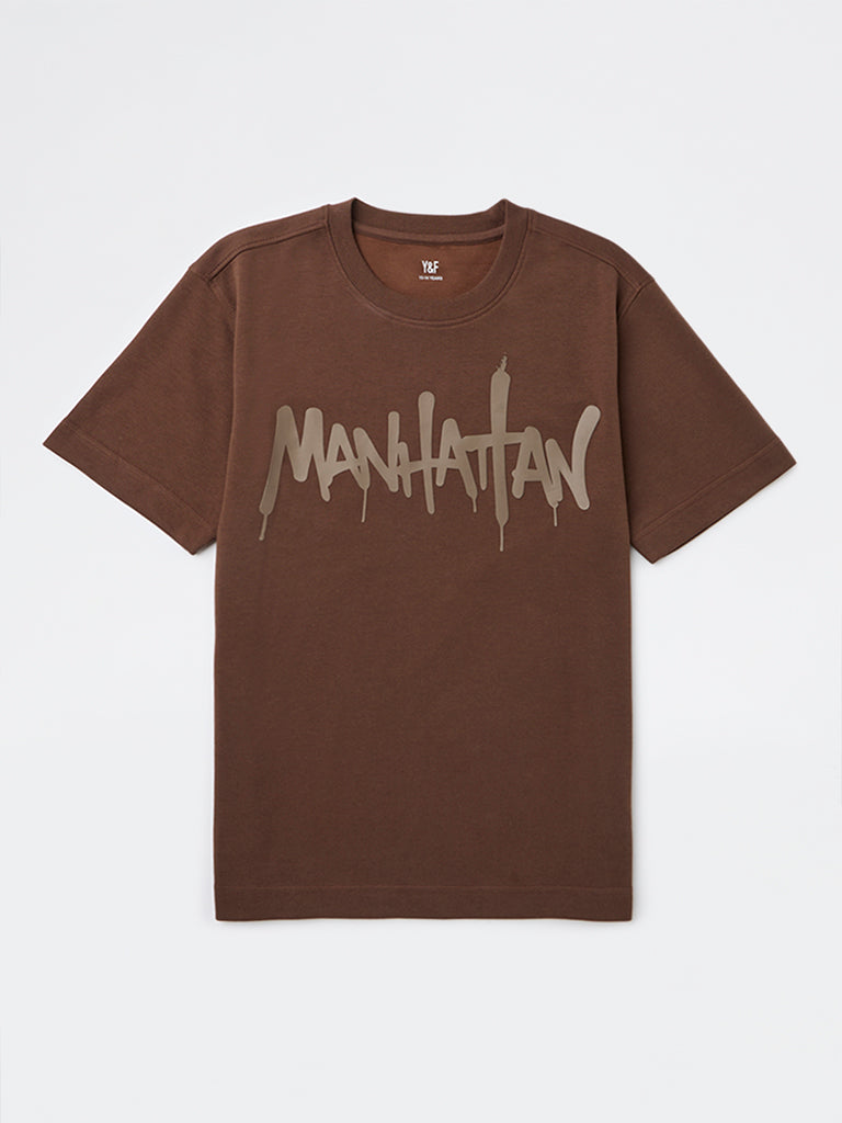 Boys Brown Printed Cotton-Blend T-Shirt