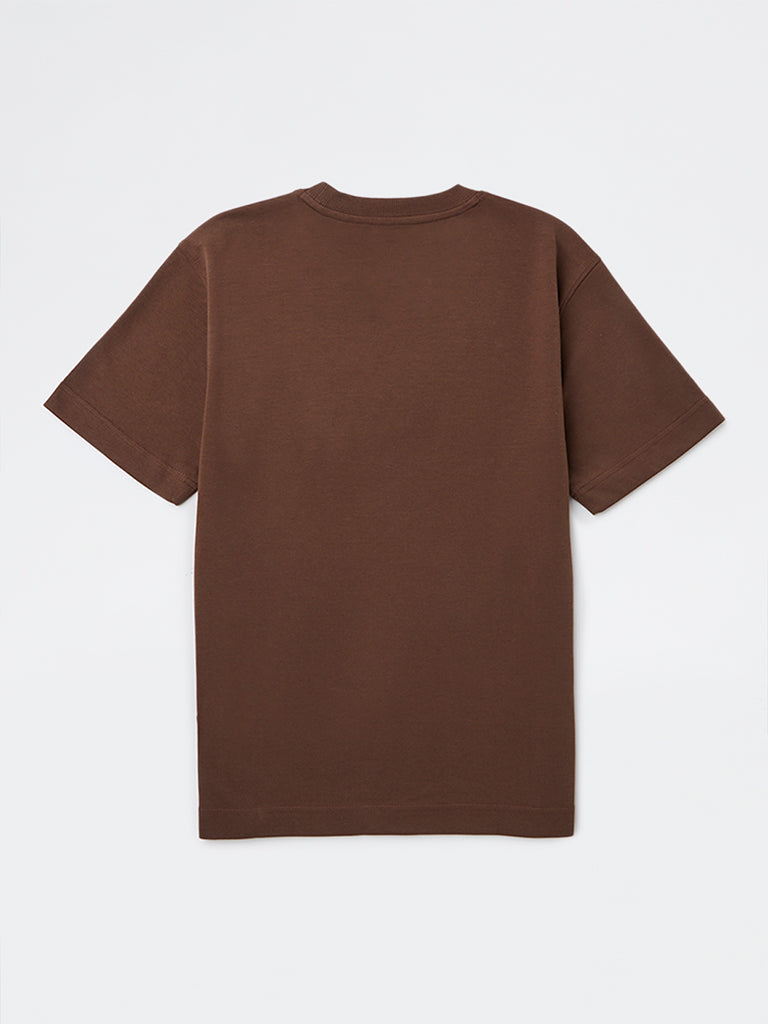 Boys Brown Printed Cotton-Blend T-Shirt