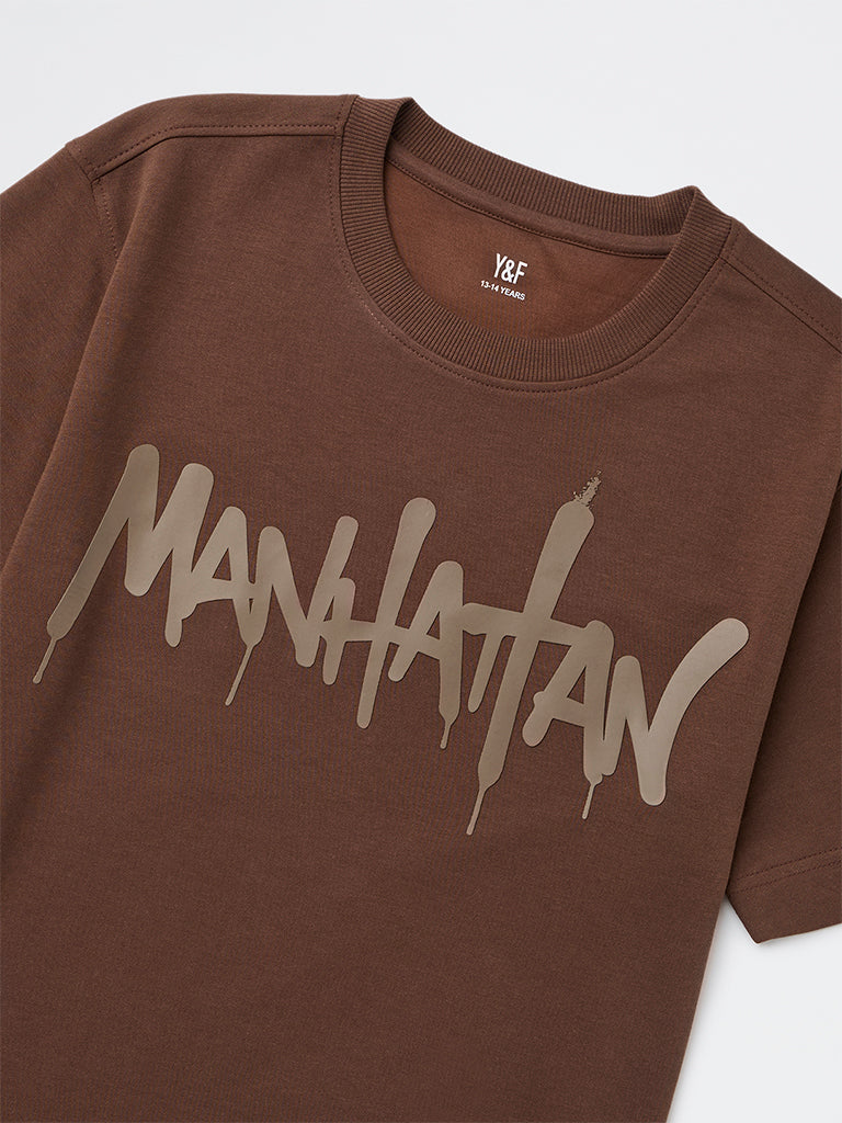Boys Brown Printed Cotton-Blend T-Shirt