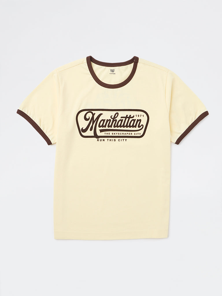 Boys Yellow Typographic Cotton T-Shirt