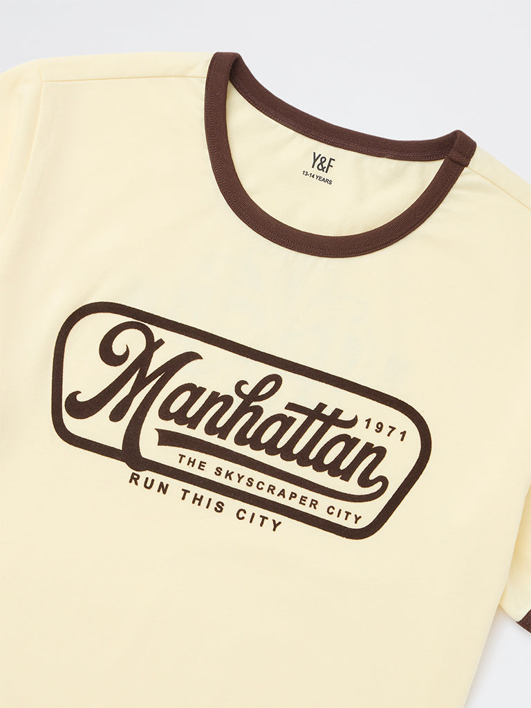 Boys Yellow Typographic Cotton T-Shirt