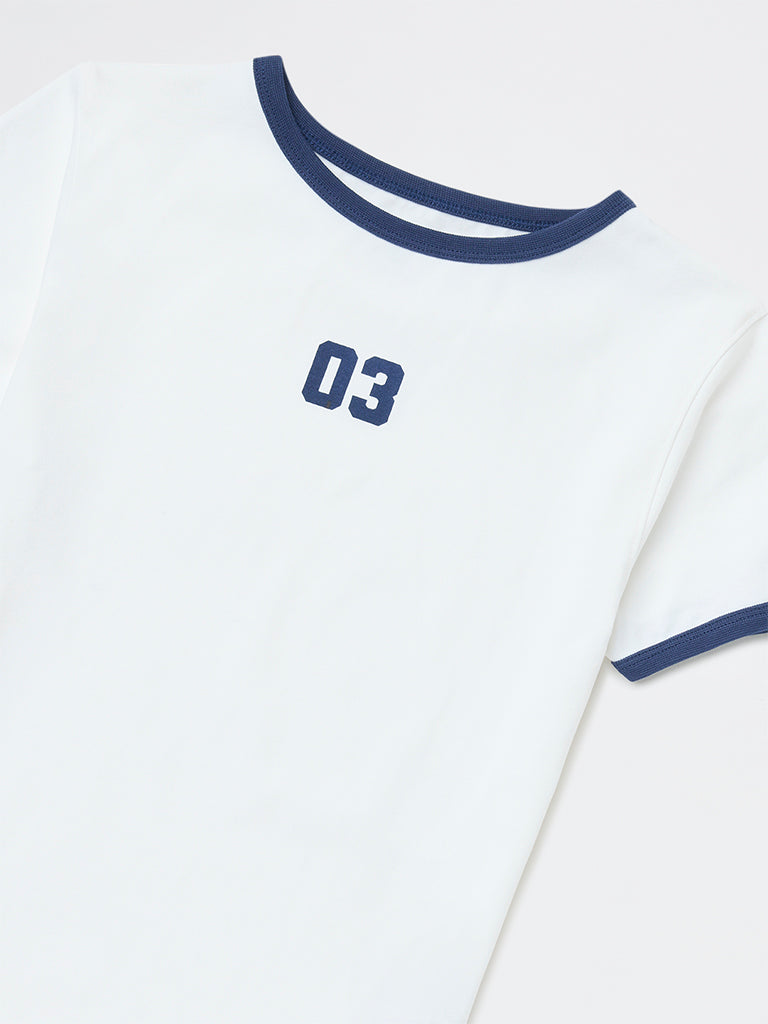 Girls White Printed Cotton-Blend T-Shirt
