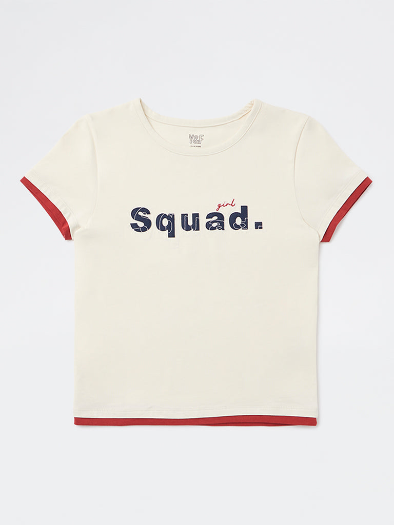 Girls Off-White Text Design Cotton-Blend T-Shirt
