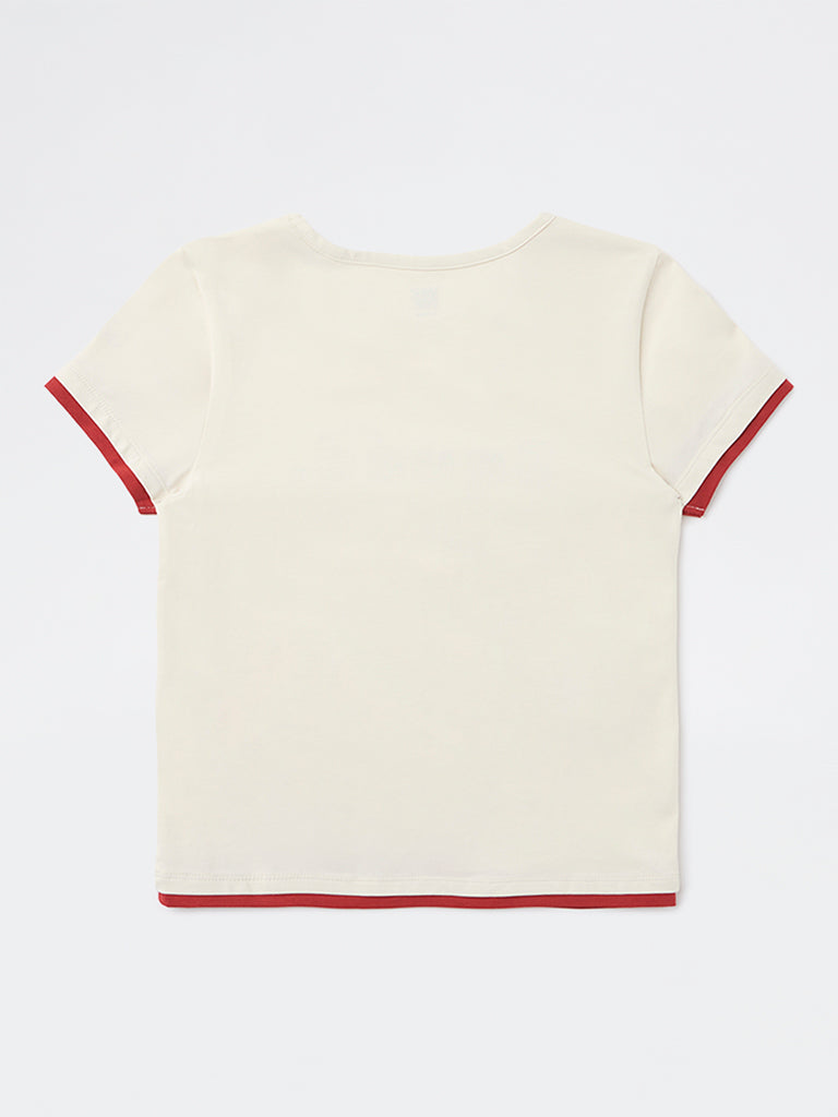 Girls Off-White Text Design Cotton-Blend T-Shirt