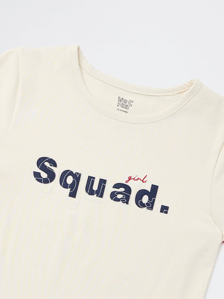Girls Off-White Text Design Cotton-Blend T-Shirt