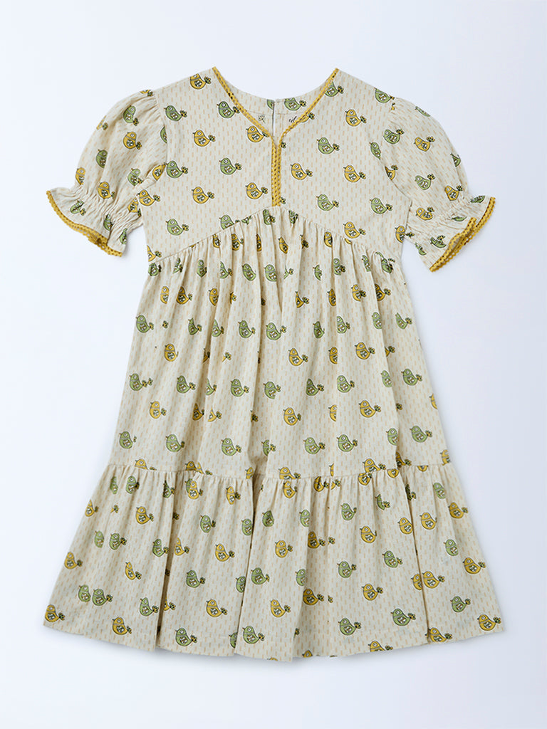 Utsa Kids Girls Off-White Printed Cotton Dress - (8-14 yrs)
