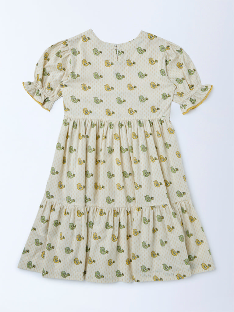 Utsa Kids Girls Off-White Printed Cotton Dress - (8-14 yrs)