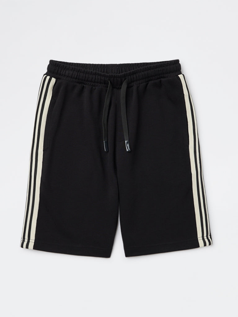 Boys Black Striped Mid-Rise Shorts