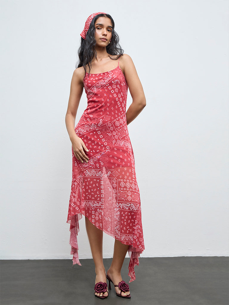 Nuon Red Paisley Printed Asymmetrical Mesh Dress