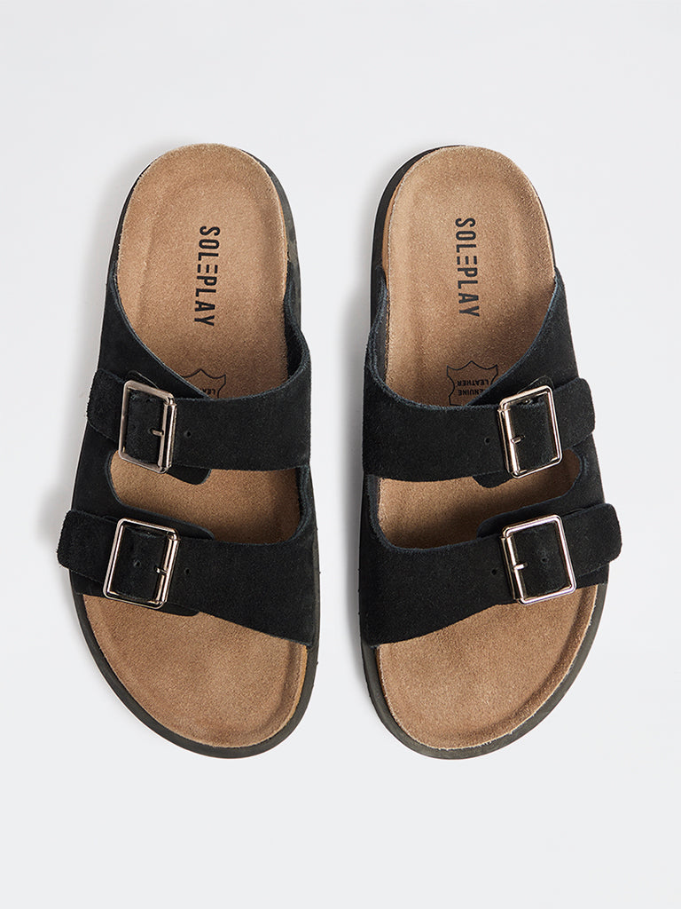 SOLEPLAY Black Dual-Strap Slip-On Suede Sandals
