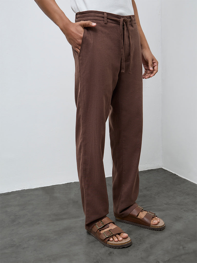ETA Dark Brown Solid Relaxed-Fit Mid-Rise Cotton-Blend Chinos
