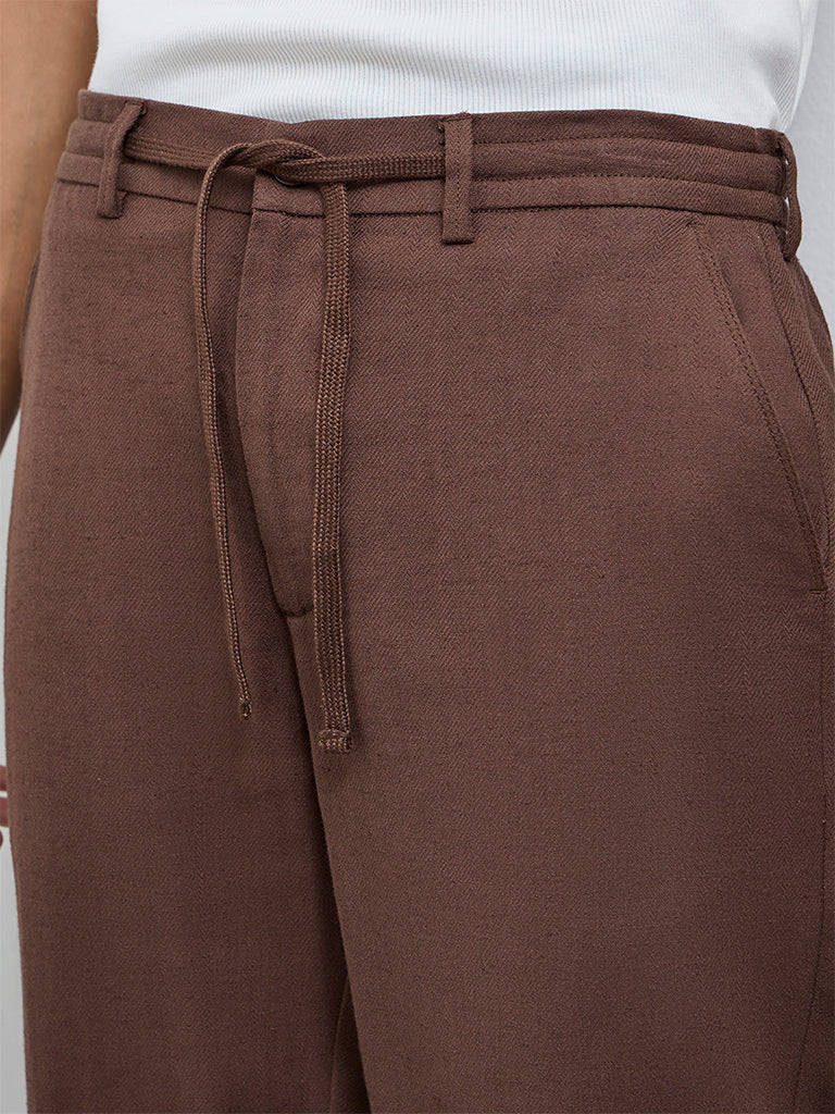 ETA Dark Brown Solid Relaxed-Fit Mid-Rise Cotton-Blend Chinos