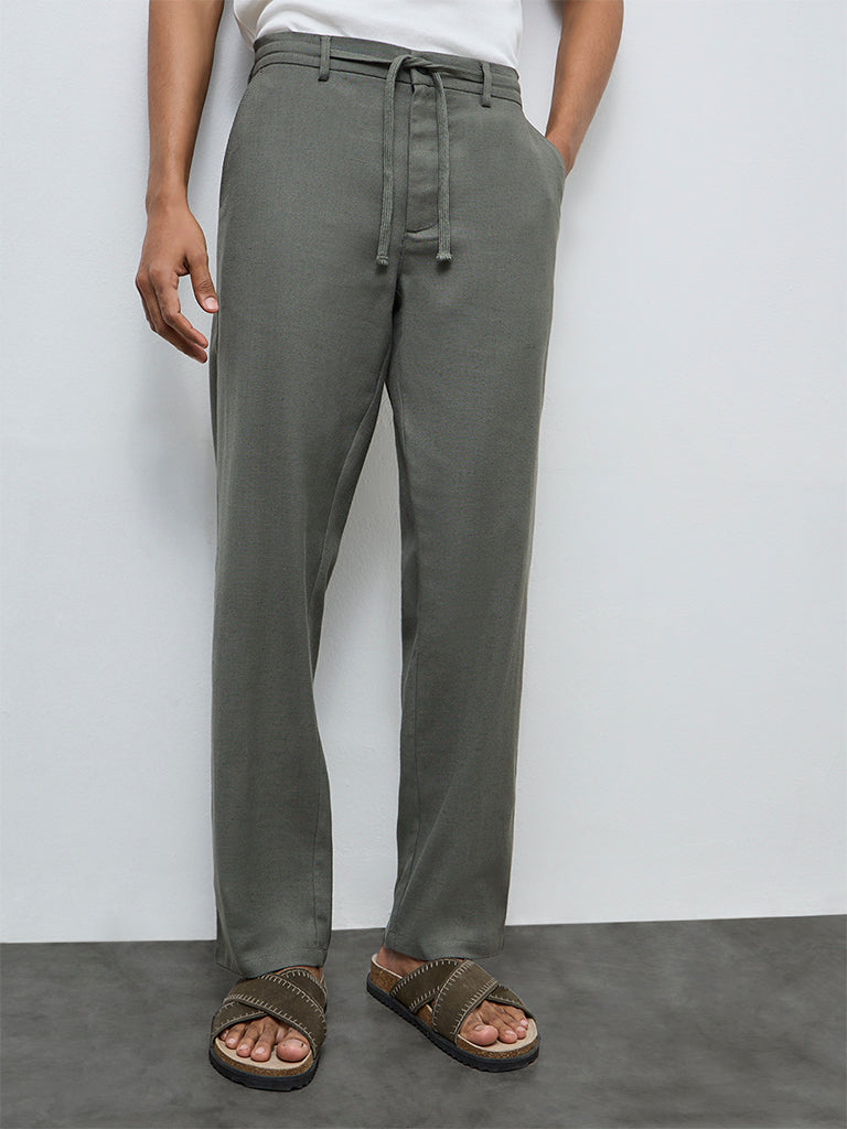 ETA Dark Sage Solid Relaxed-Fit Mid-Rise Cotton-Blend Chinos