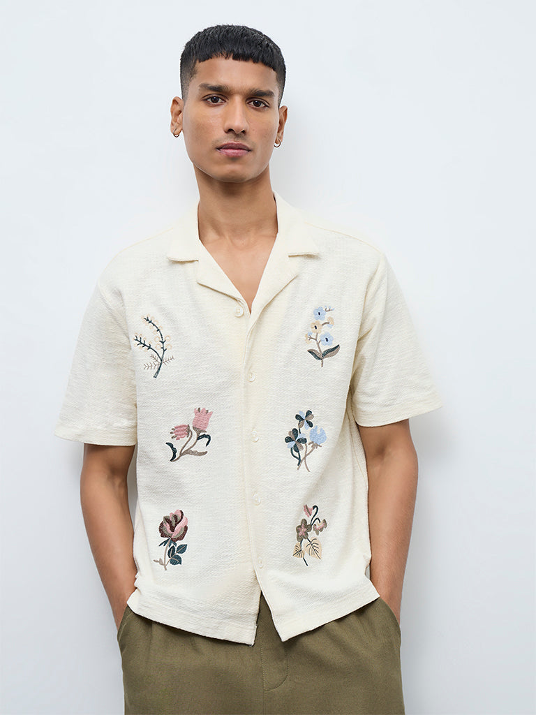 ETA Off-White Floral Embroidered Relaxed-Fit Cotton Shirt