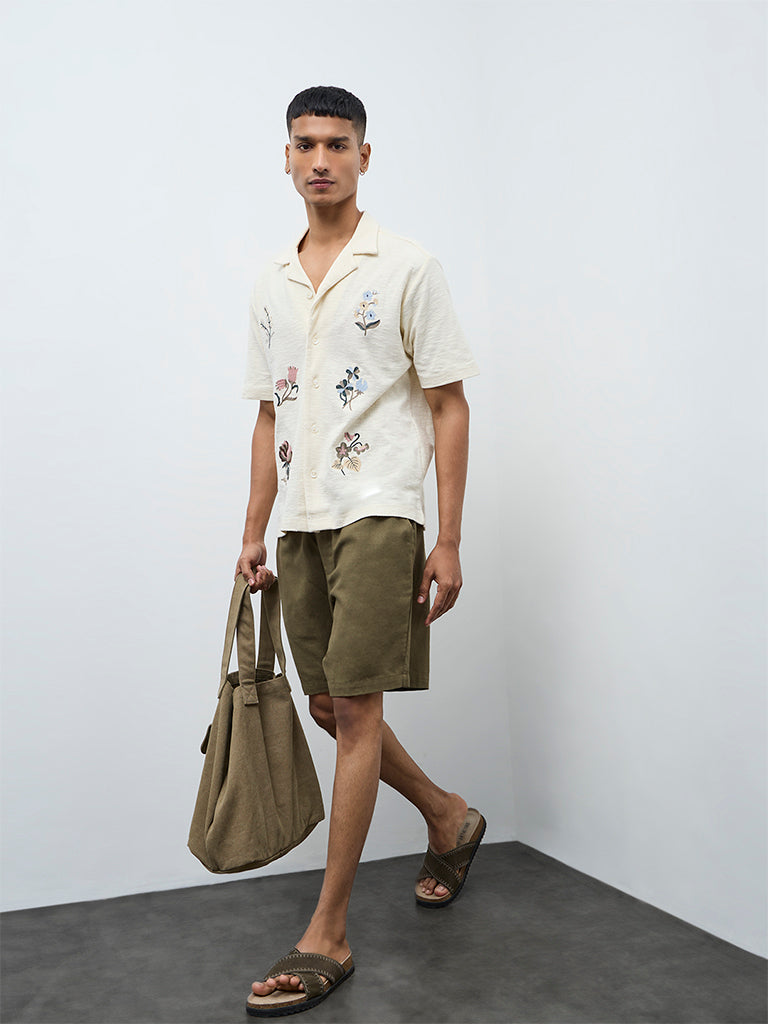 ETA Off-White Floral Embroidered Relaxed-Fit Cotton Shirt