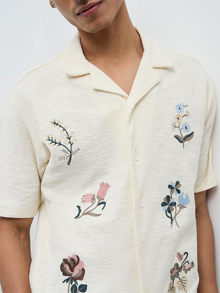 ETA Off-White Floral Embroidered Relaxed-Fit Cotton Shirt