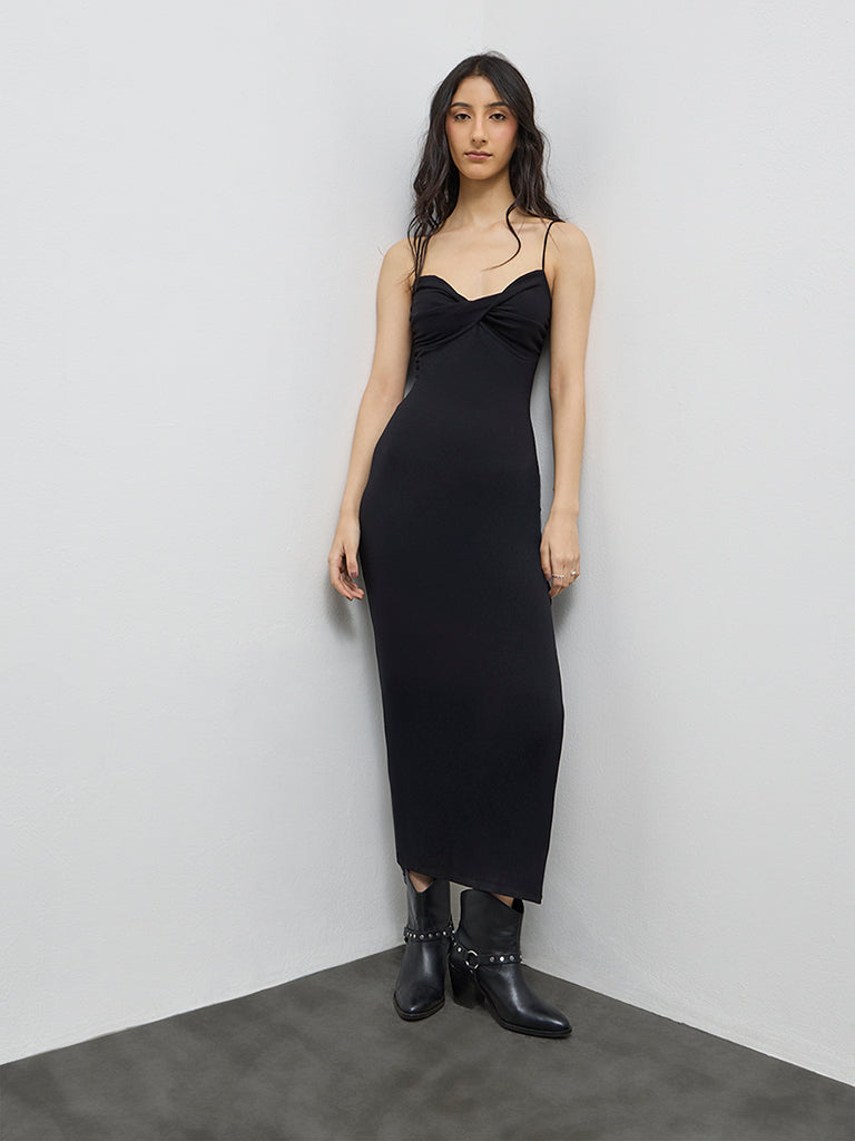 Nuon Black Ribbed-Textured Straight Dress