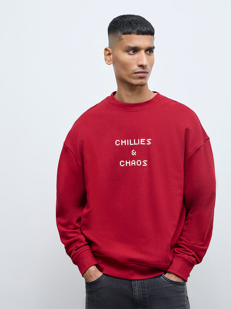 Nuon Red Printed Relaxed-Fit Cotton Sweatshirt