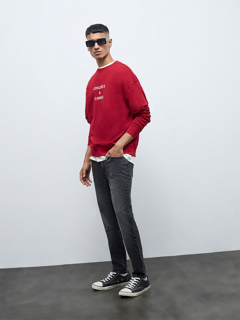 Nuon Red Printed Relaxed-Fit Cotton Sweatshirt