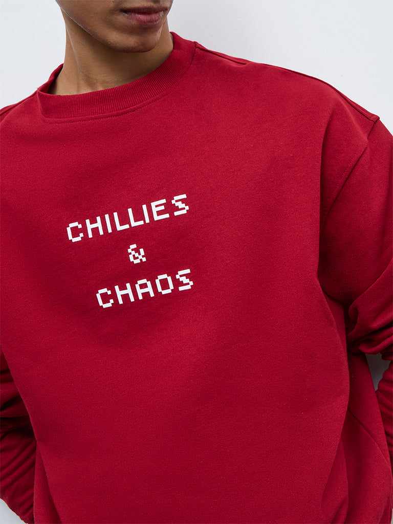 Nuon Red Printed Relaxed-Fit Cotton Sweatshirt
