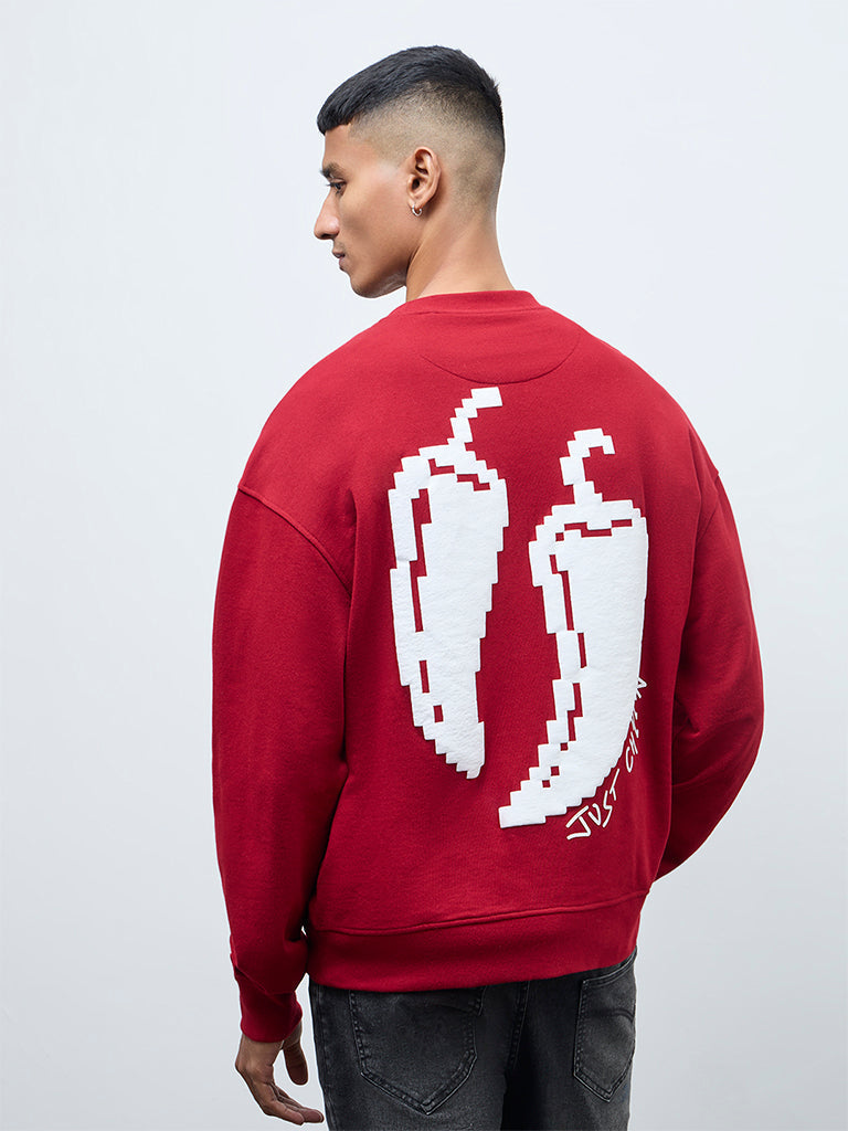 Nuon Red Printed Relaxed-Fit Cotton Sweatshirt