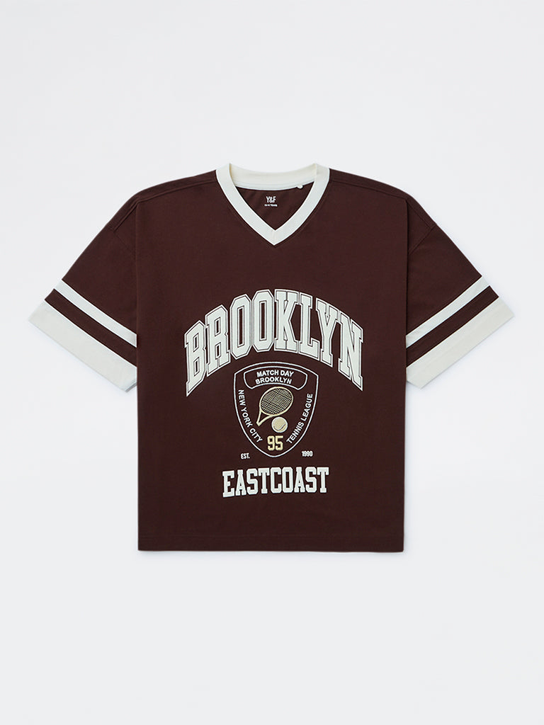 Boys Brown Text Printed Cotton T-Shirt