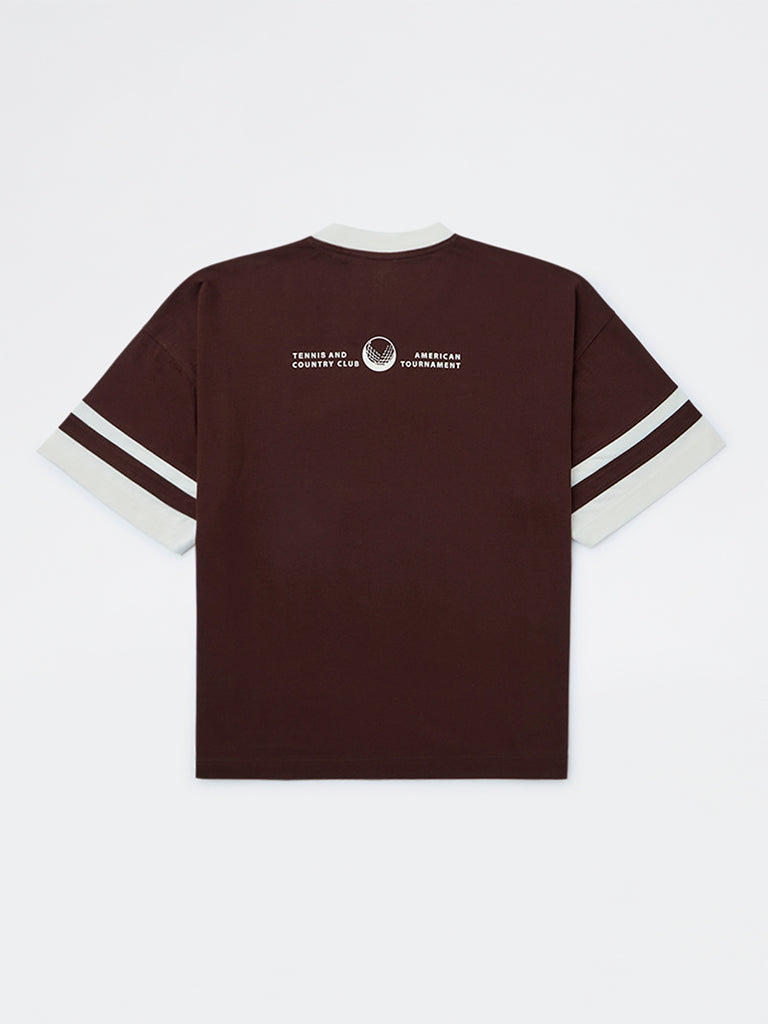 Boys Brown Text Printed Cotton T-Shirt
