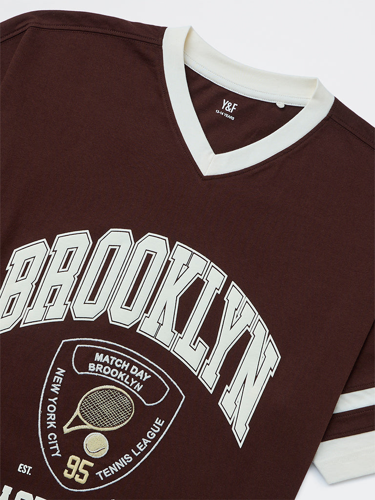 Boys Brown Text Printed Cotton T-Shirt