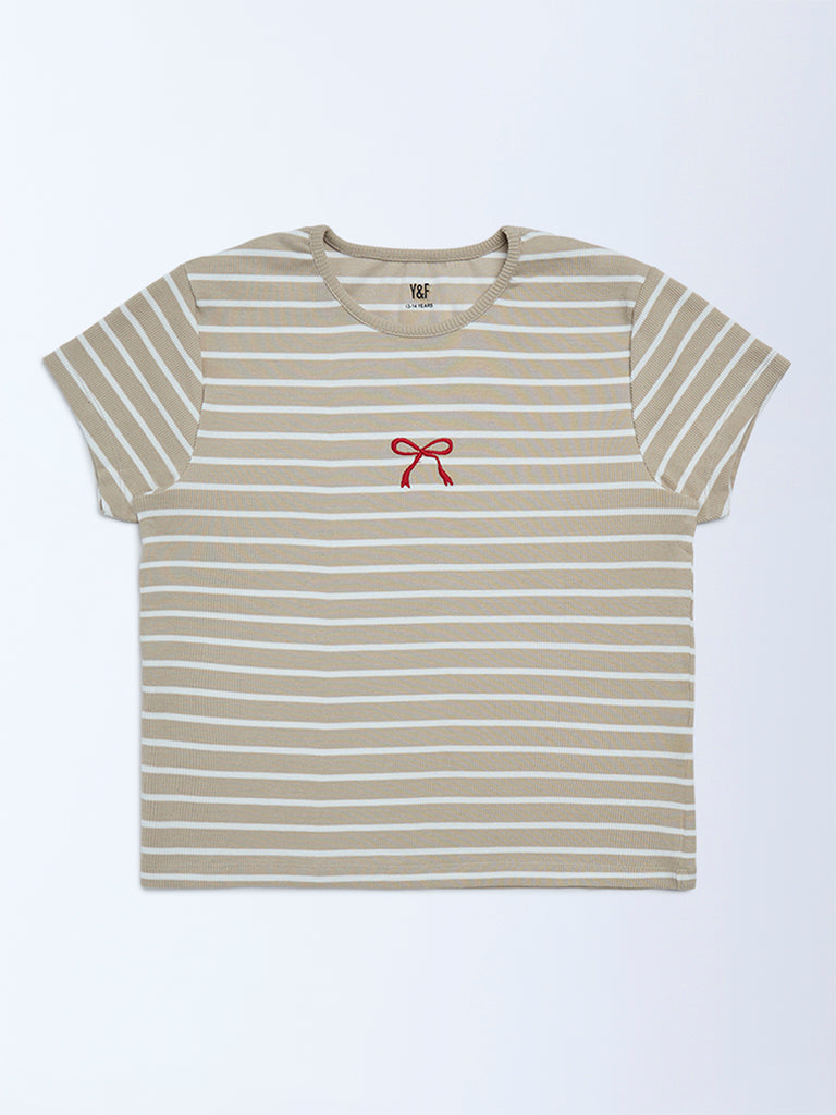 Girls Beige Striped Cotton T-Shirt