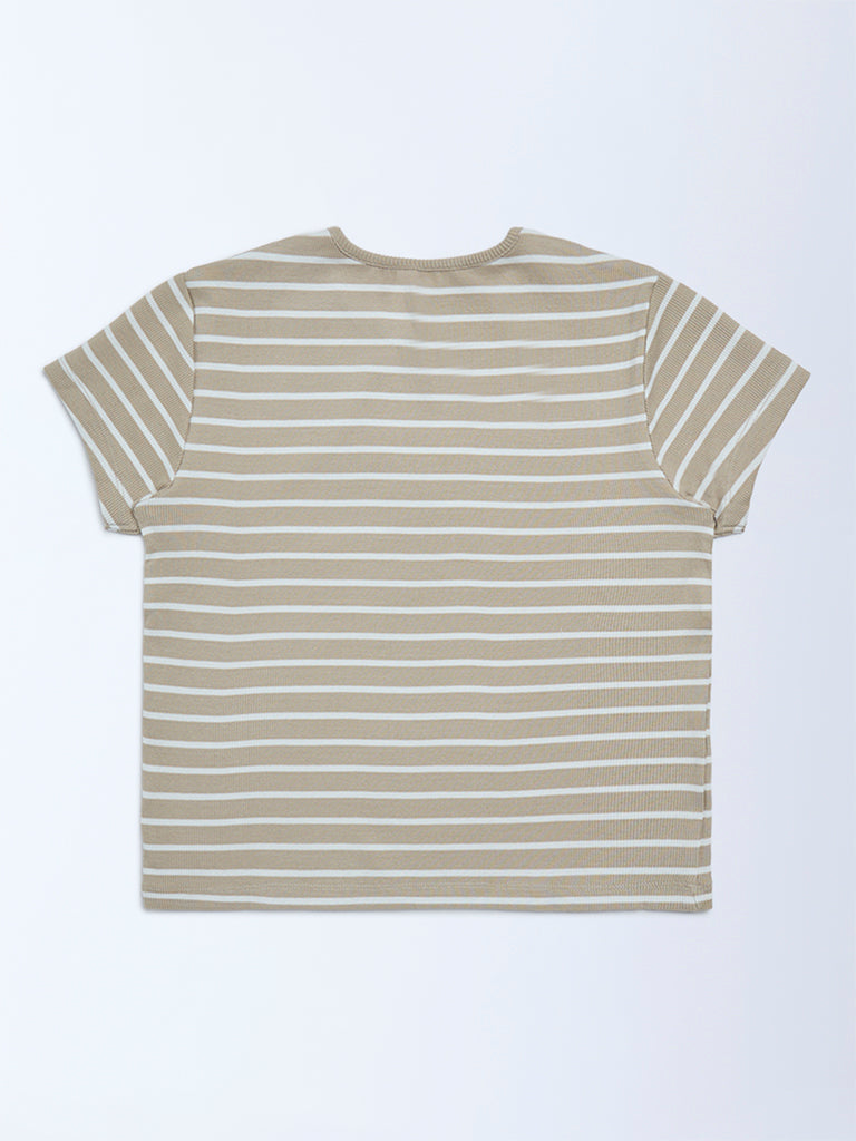 Girls Beige Striped Cotton T-Shirt