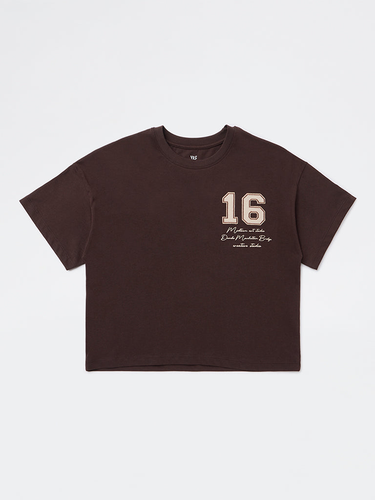 Girls Dark Brown Text Detailed Cotton T-Shirt