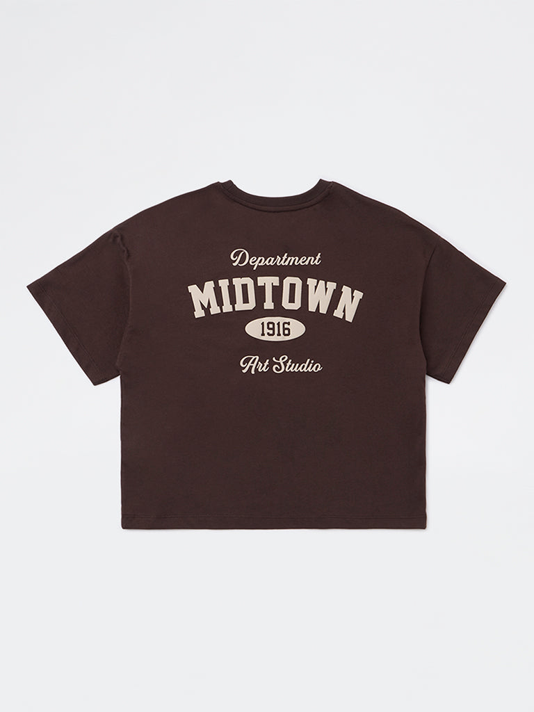 Girls Dark Brown Text Detailed Cotton T-Shirt