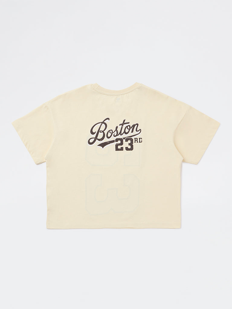Girls Light Yellow Text Design Cotton T-Shirt