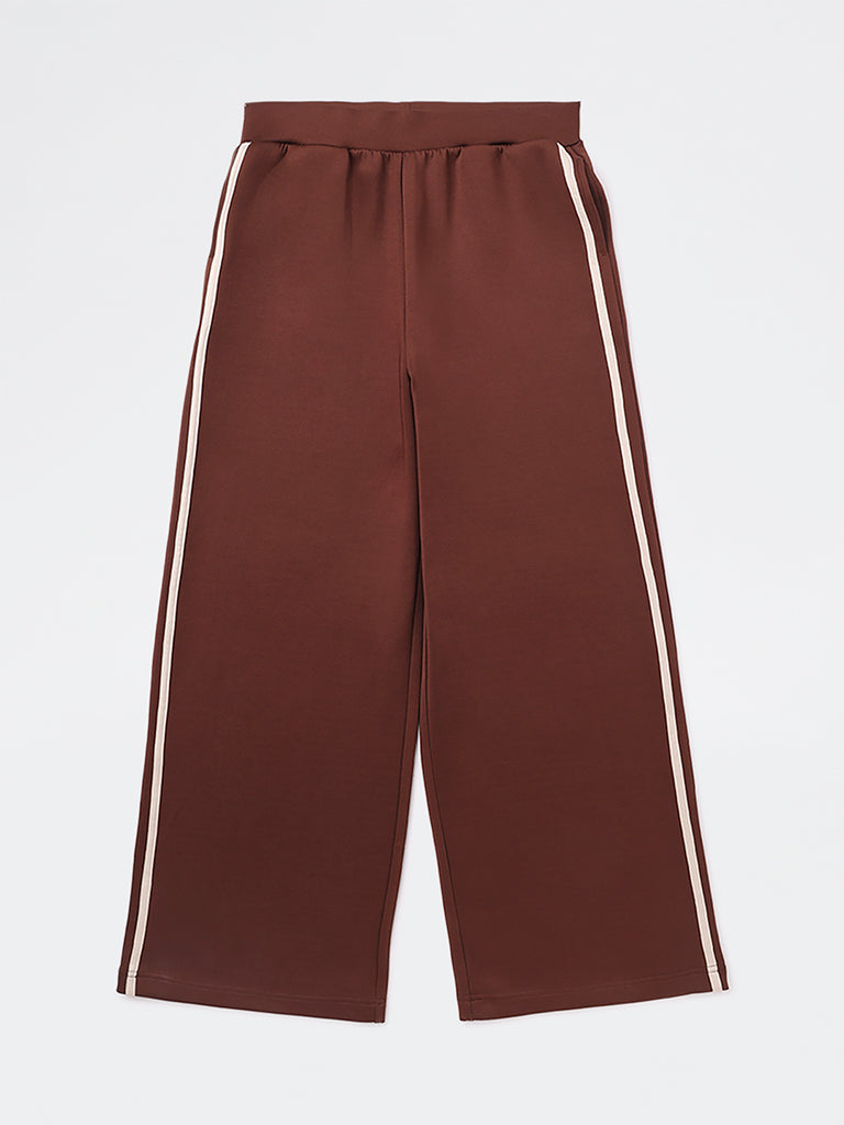 Girls Dark Brown Striped High-Rise Pants