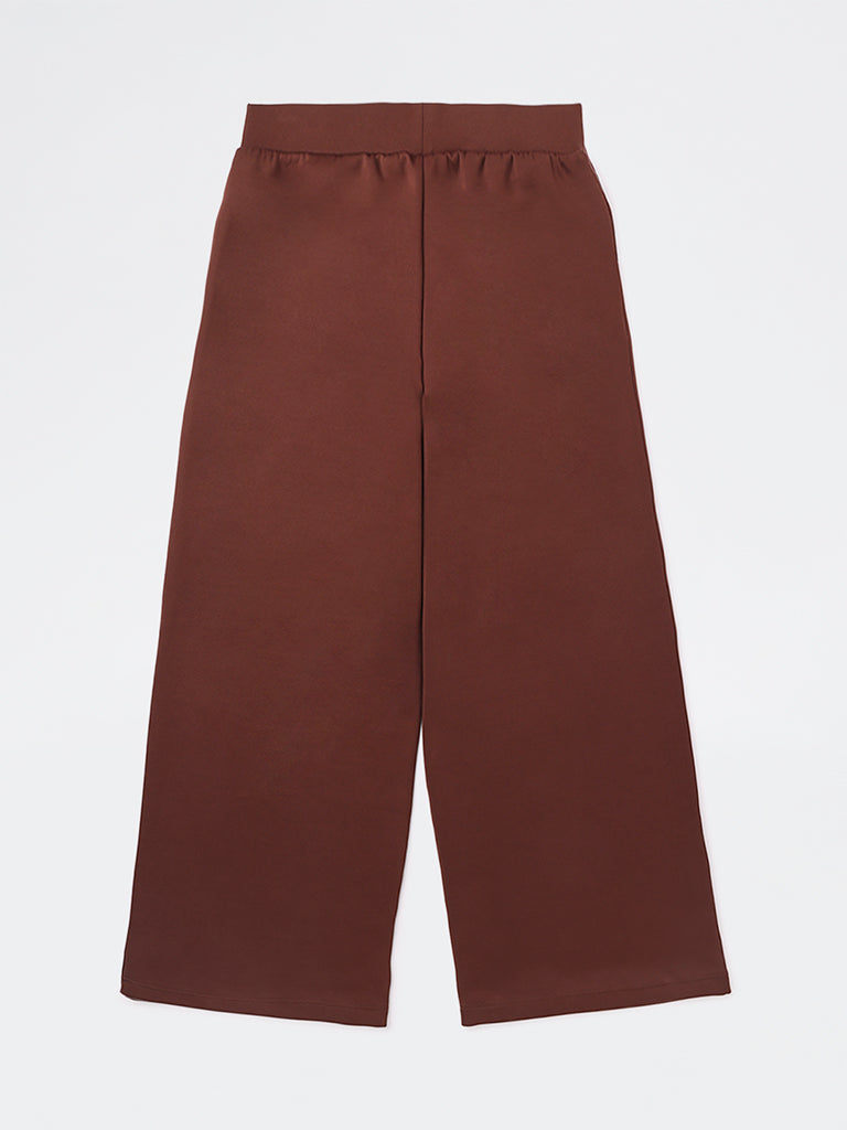 Girls Dark Brown Striped High-Rise Pants