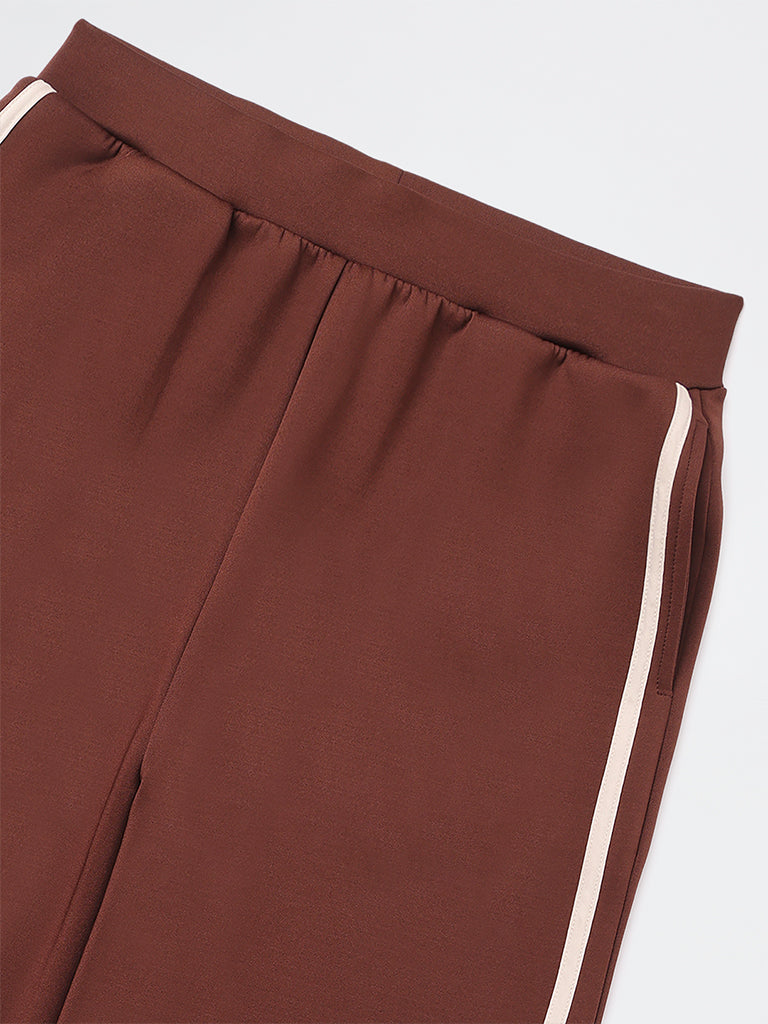 Girls Dark Brown Striped High-Rise Pants