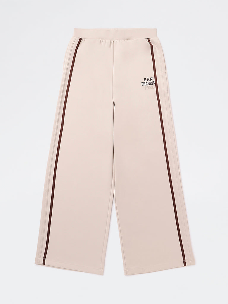 Girls Beige Striped High-Rise Pants