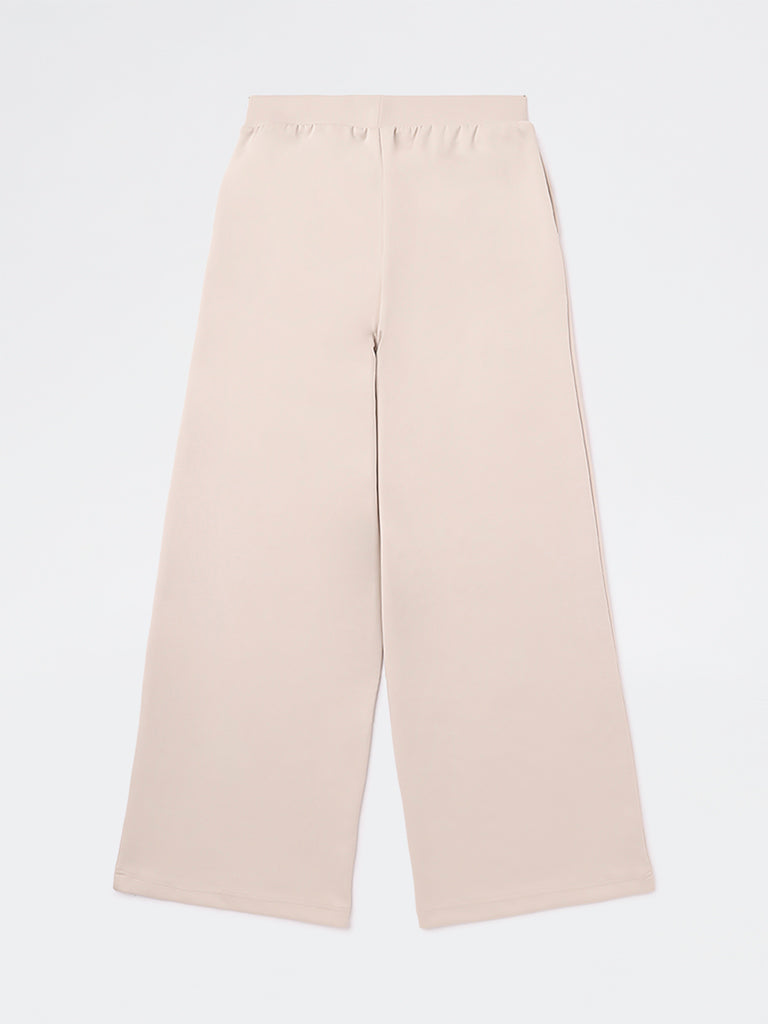 Girls Beige Striped High-Rise Pants