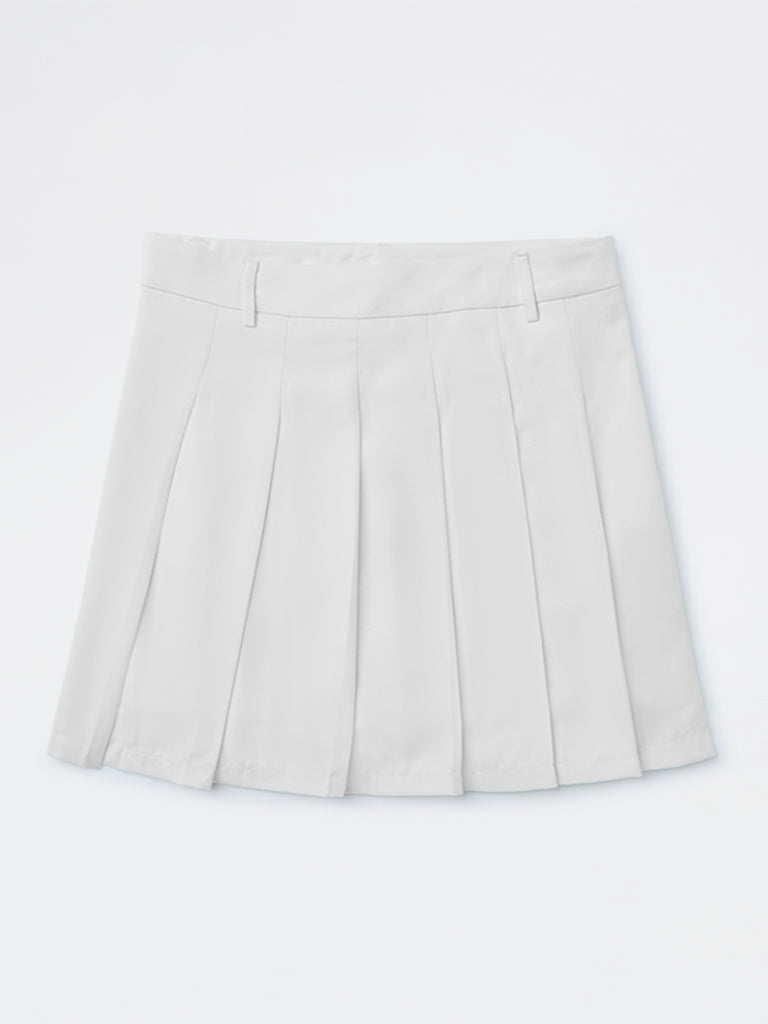 Girls White Pleated High-Rise Skirt