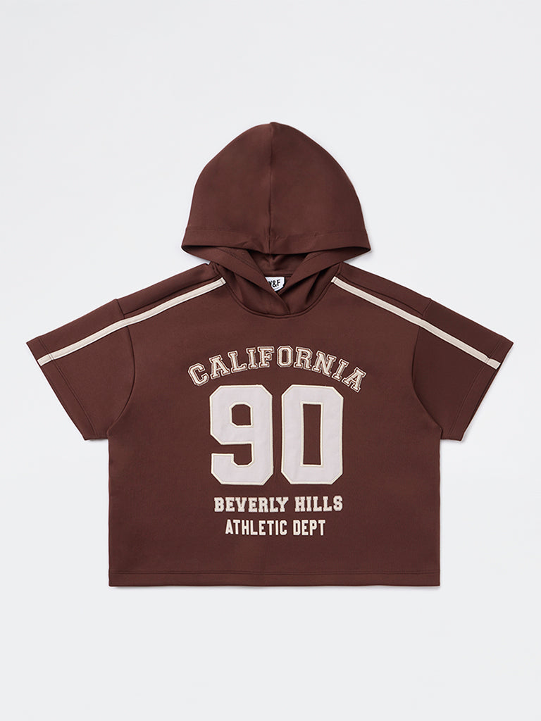 Girls Brown Text Detailed Hoodie