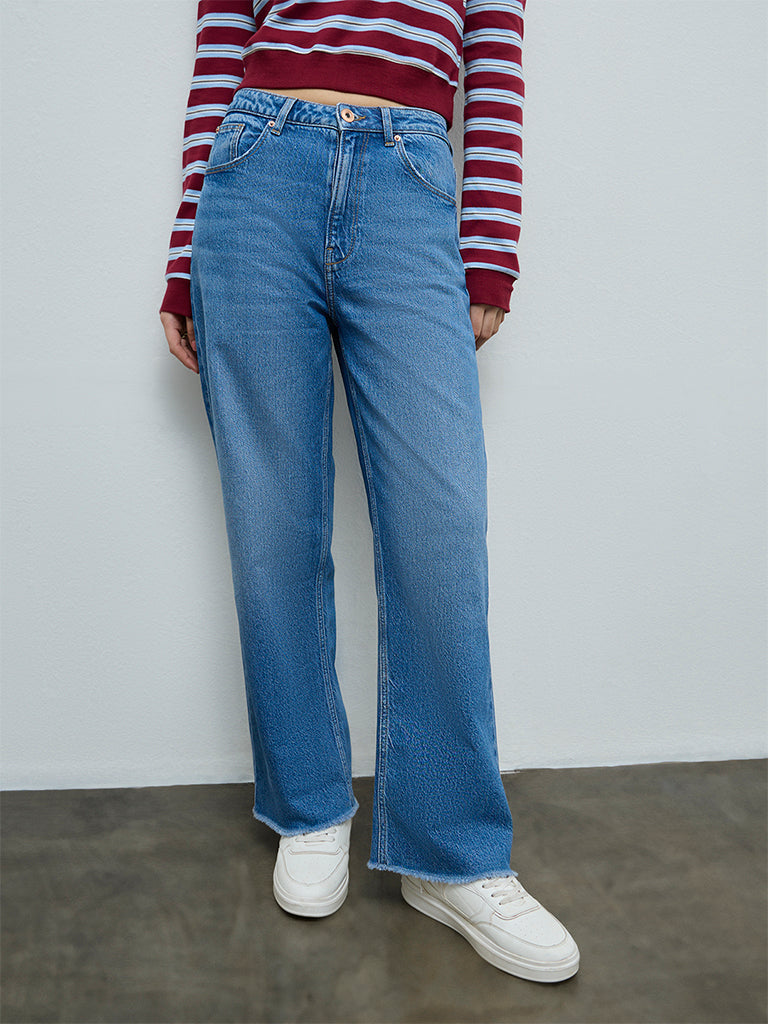 Nuon Blue Washed Straight-Leg High-Rise Jeans