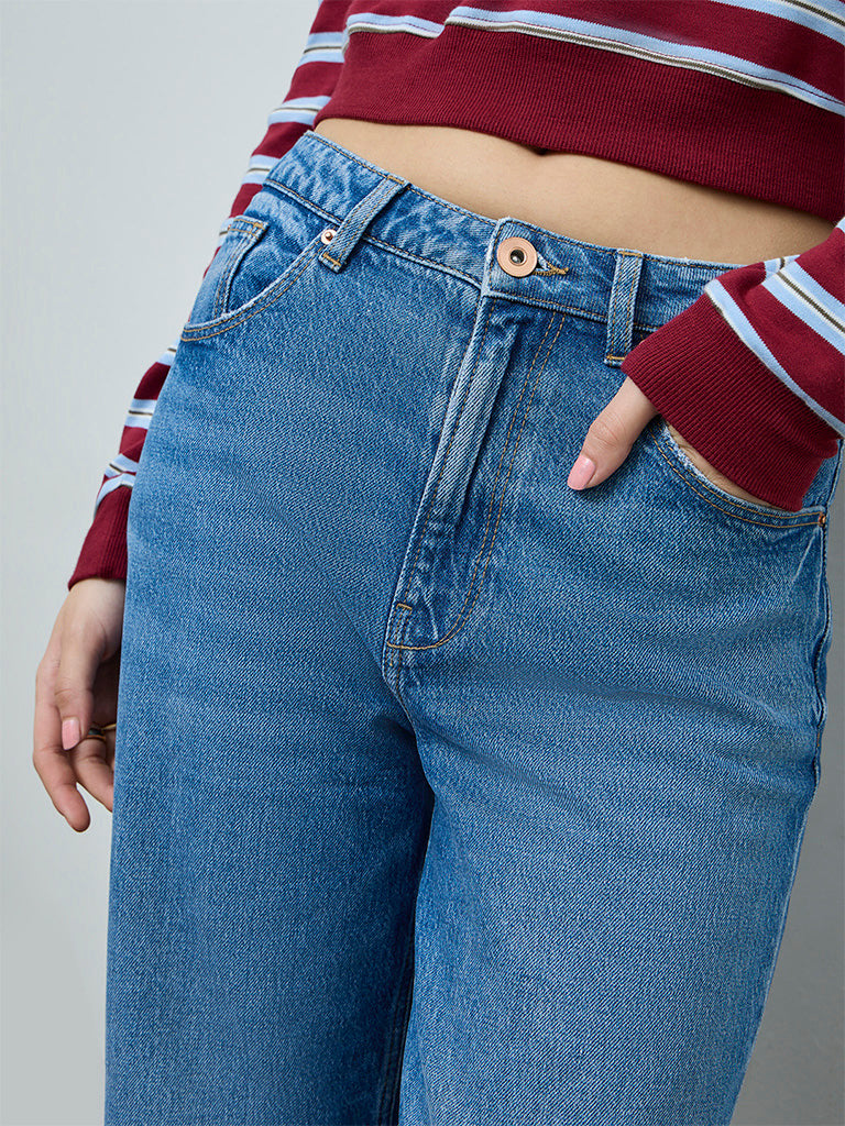 Nuon Blue Washed Straight-Leg High-Rise Jeans