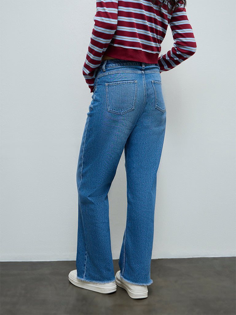 Nuon Blue Washed Straight-Leg High-Rise Jeans