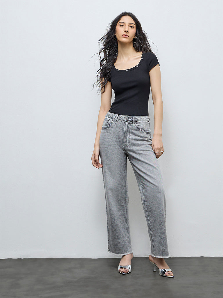 Nuon Grey Washed High-Rise Denim Jeans