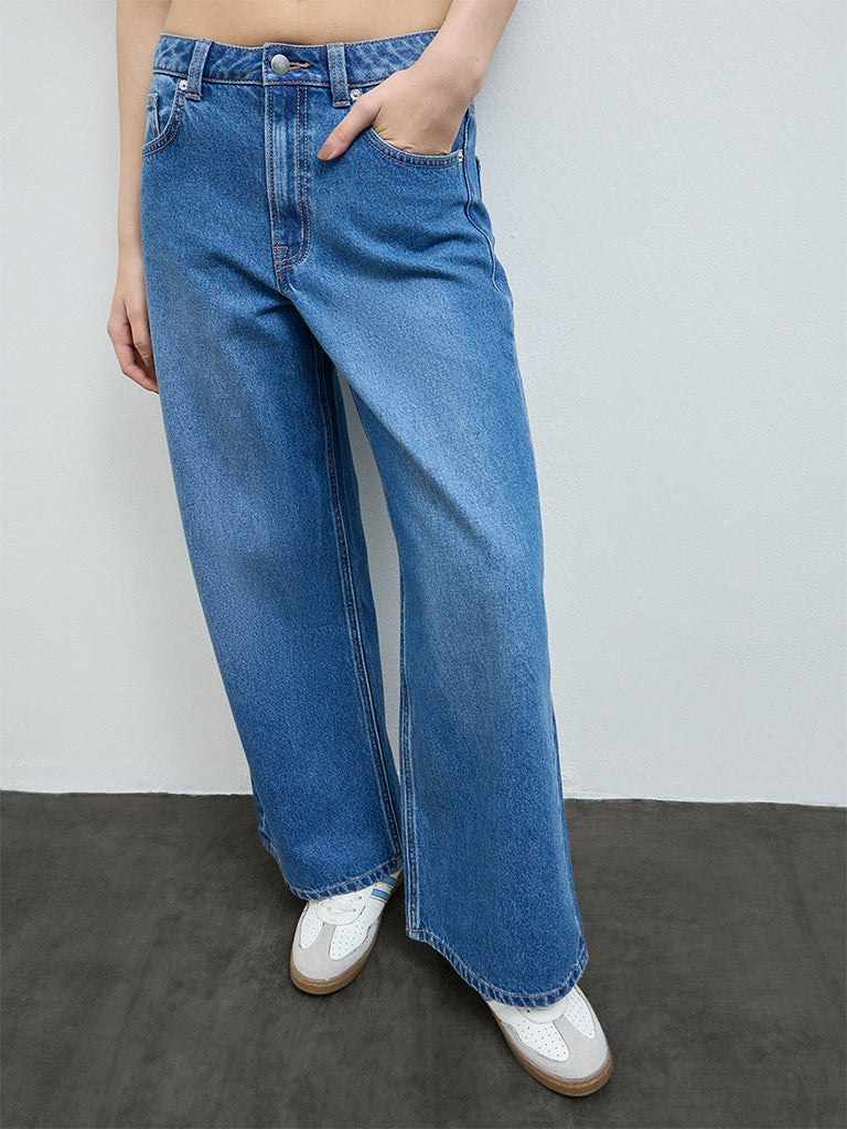 Nuon Blue Washed High-Rise Cotton Jeans